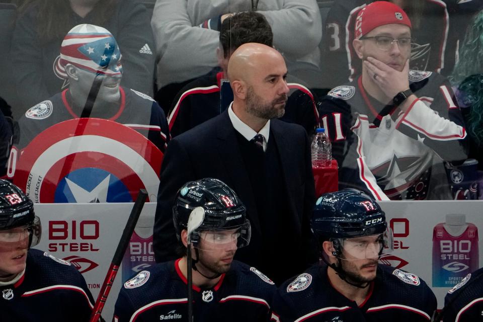 Oct 12, 2023; Columbus, Ohio, USA; Columbus Blue Jackets head coach Pascal Vincent watches from the bench during the second period of the NHL hockey game against the Philadelphia Flyers at Nationwide Arena.