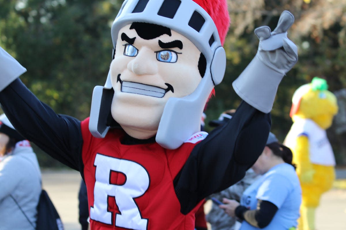 The Rutgers University Scarlet Knight  is introduced to the crowd before he competed in the New Jersey Mascot Race sponsored by RWJBarnabas Health in West Orange on November 2, 2019.