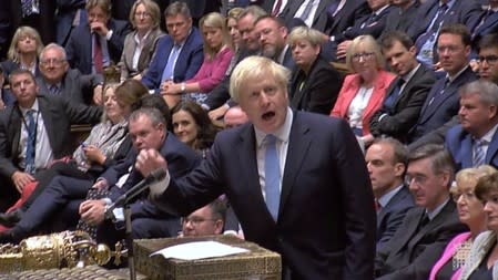 Britain's Prime Minister Boris Johnson speaks after Britain’s parliament voted on whether to hold an early general election, in Parliament in London