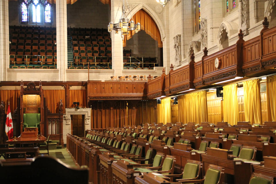 Interior of House of Commons of Canadian Parliament in Ottawa, Canada