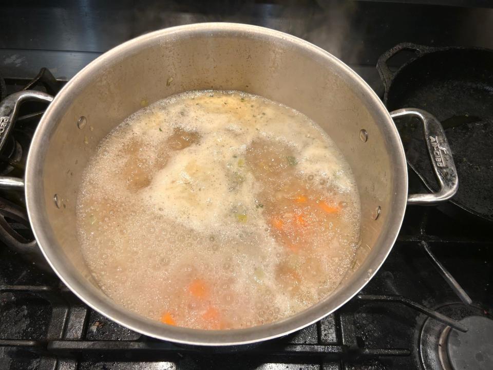 Bringing Ina Garten's chicken pot pie soup to a boil