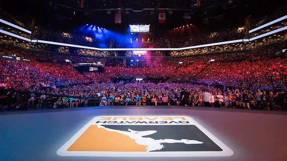 A sold-out stadium watching an Overwatch League event