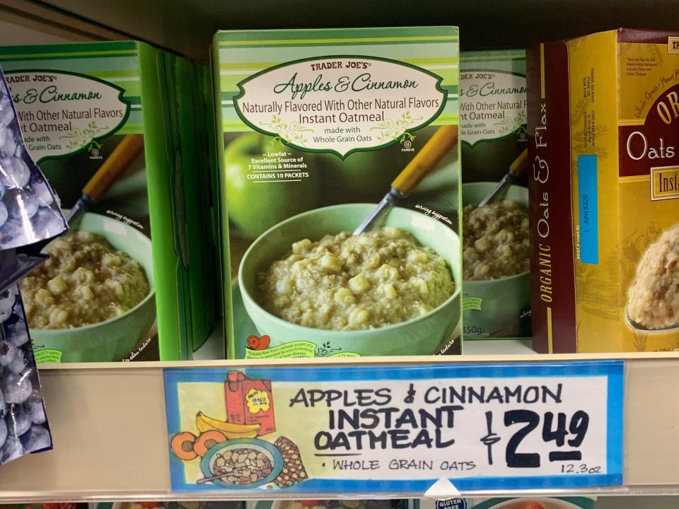 apple and cinnamon instant oatmeal on the shelves at trader joes