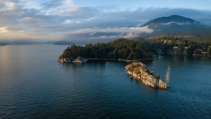 Aerial view of a beautiful Canadian Landscape during a cloudy summer sunset. Taken in Whytecliff Park, Horseshoe Bay, North Vancouver, BC, Canada.