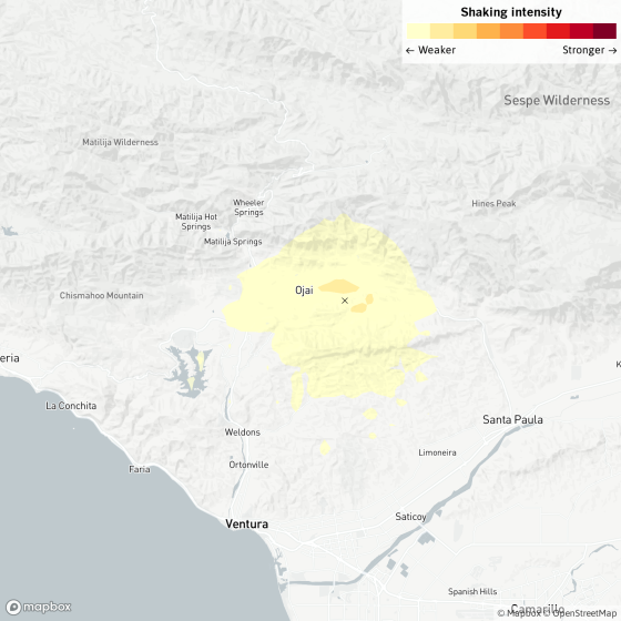 A map shows the shaking intensity of a 5.1 earthquake near Ojai