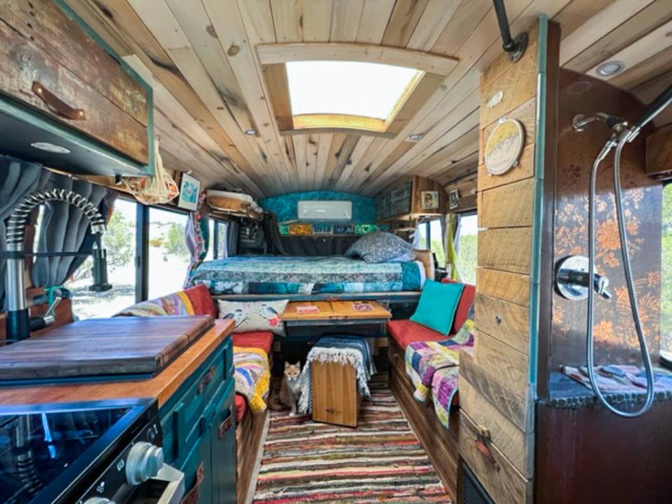 A wide view of the interior of the bus