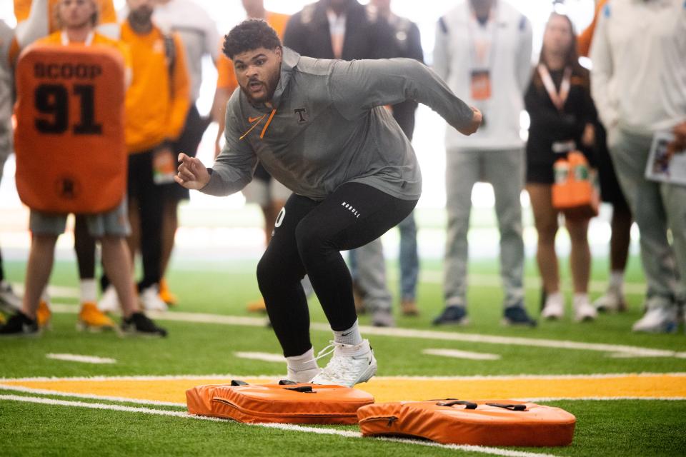 Tennessee offensive lineman Darnell Wright during Tennessee Football Pro Day at the Anderson Training Facility in Knoxville, Tenn. on Thursday, March 30, 2023.