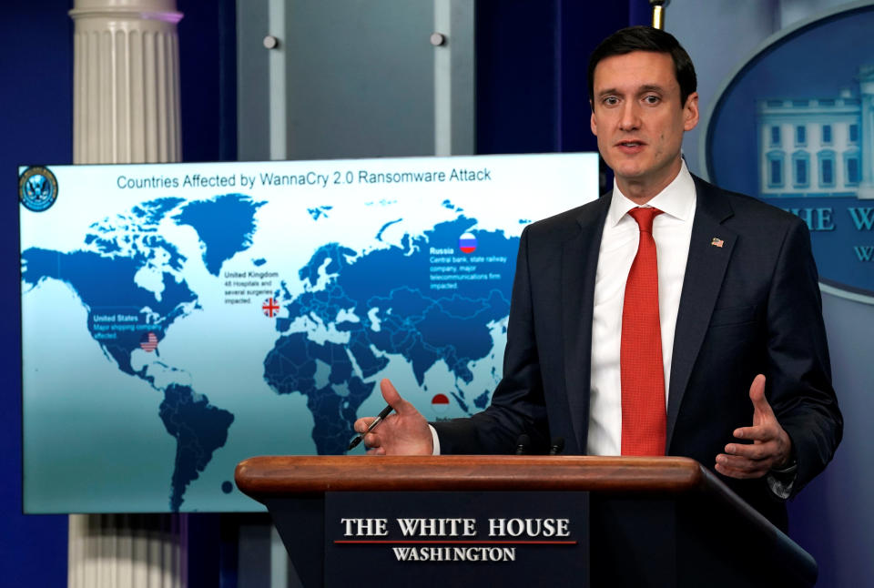 Tom Bossert, homeland security adviser to President Donald Trump, holds a press briefing to publicly blame North Korea for unleashing the so-called WannaCry cyber attack at the White House in Washington, U.S., December 19, 2017. REUTERS/Kevin Lamarque