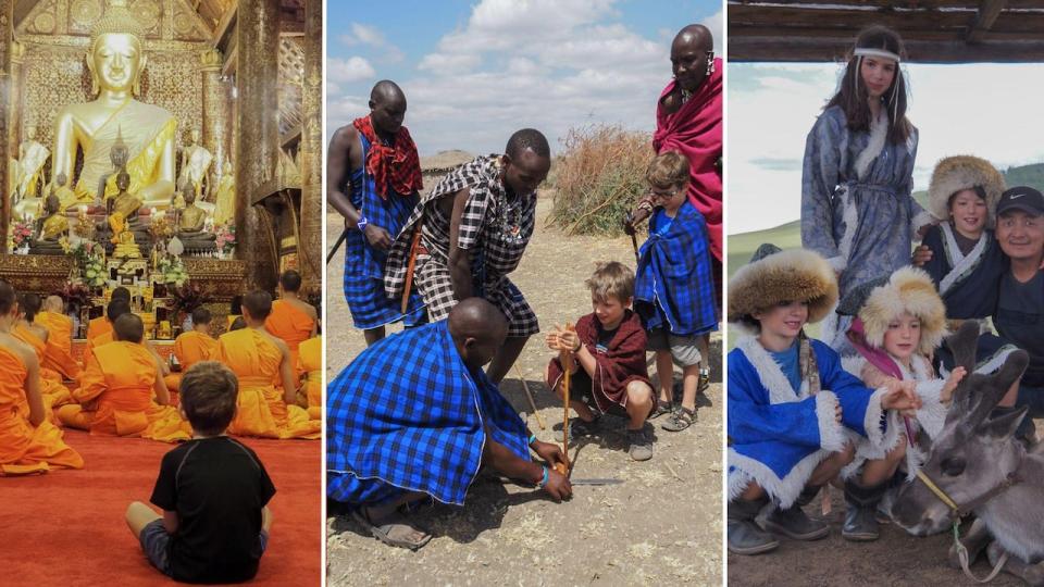 From left: Laurent listens to chanting monks in Laos, Léo learns to make a fire in Tanzania and the children play with a baby reindeer in Mongolia.