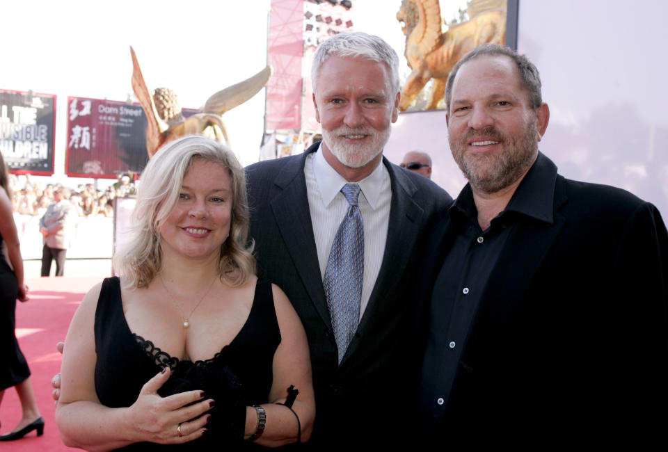 Alison Owen (pictured here with Harvey Weinstein and producer John Hart) worked closely together for years. Source: Getty Images