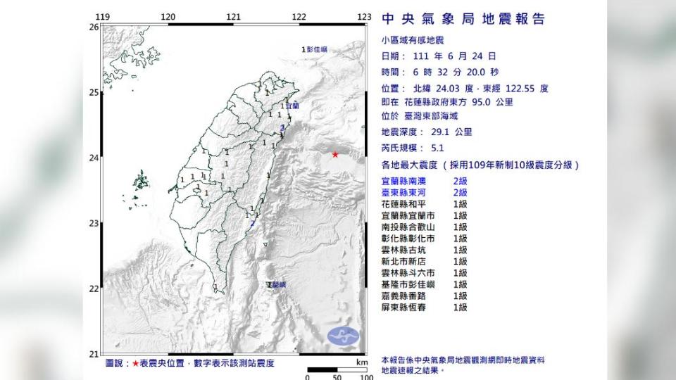 今天東部外海規模5.1地震。（圖／中央氣象局）