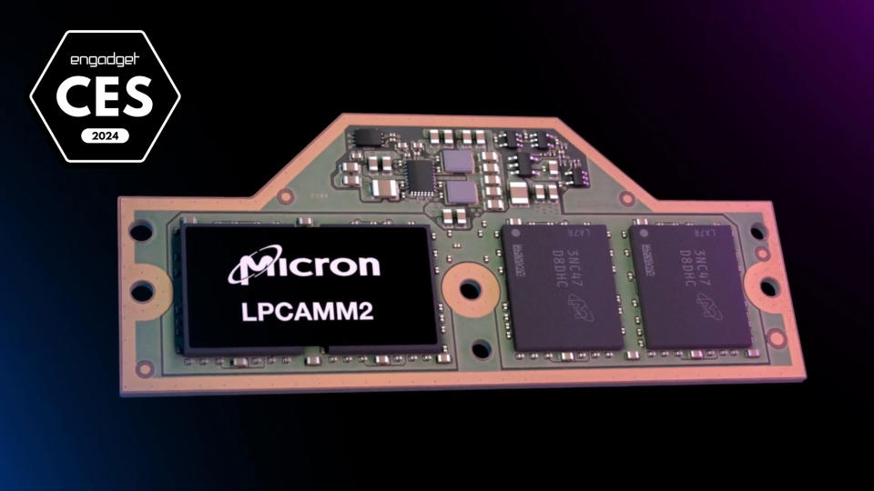 An image with a badge for Axget Best of CES 2024 showing the product: Micron LPCAMM2 laptop RAM, which is a small circuit board add-on seen against a black background.