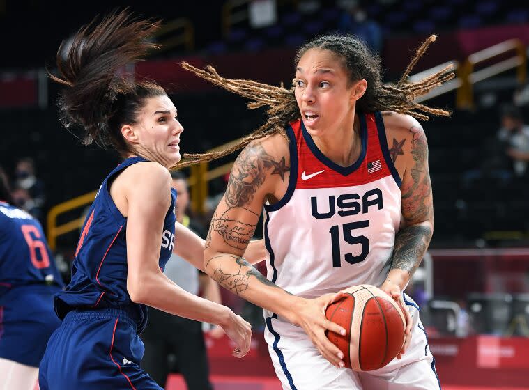 -TOKYO,JAPAN August 6, 2021: USA's Brittney Griner puts a spin move.