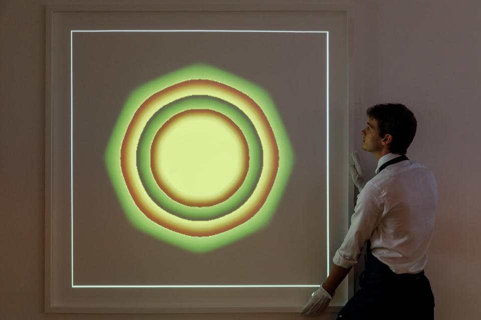 <p>LONDON, ENGLAND - JUNE 04: Kevin McCoy’s Quantum (2014) – the first artwork ever minted – goes on view as part of ‘Natively Digital: A Curated NFT Sale’ at Sotheby's on June 04, 2021 in London, England. The exhibition is on view until 10 June, when the sale closes for bidding. (Photo by Tristan Fewings/Getty Images for Sotheby's)</p>
