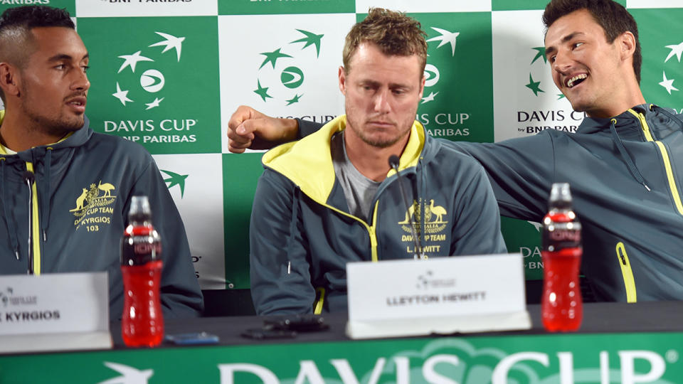 Kyrgios, Hewitt and Tomic. Image: PETER PARKS/AFP/Getty Images)