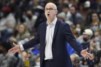 Connecticut head coach Dan Hurley reacts in the first half of an NCAA college basketball game against Georgetown, Tuesday, Jan. 25, 2022, in Storrs, Conn. (AP Photo/Jessica Hill)