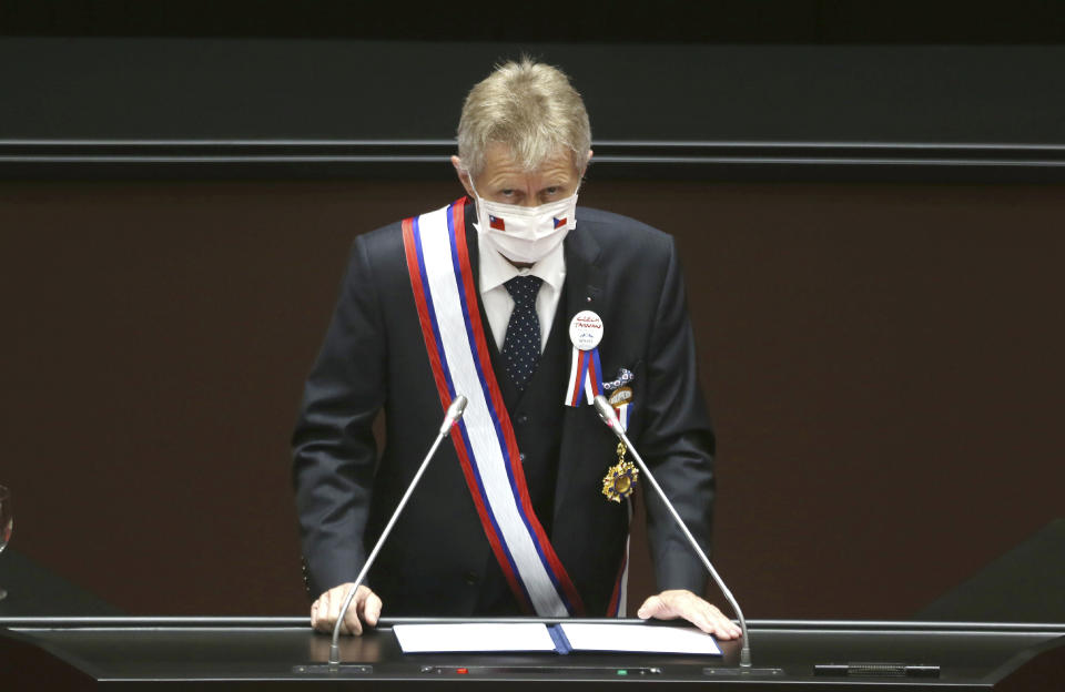 The Czech Senate President Milos Vystrcil delivers a speech at the Legislative Yuan in Taipei, Taiwan, Tuesday, Sept. 1. 2020. Vystrcil arrived in Taiwan on Sunday accompanied by Prague Mayor Zdenek Hrib and more than 80 representatives from government, business and academia on a 6-day visit. (AP Photo/Chiang Ying-ying)