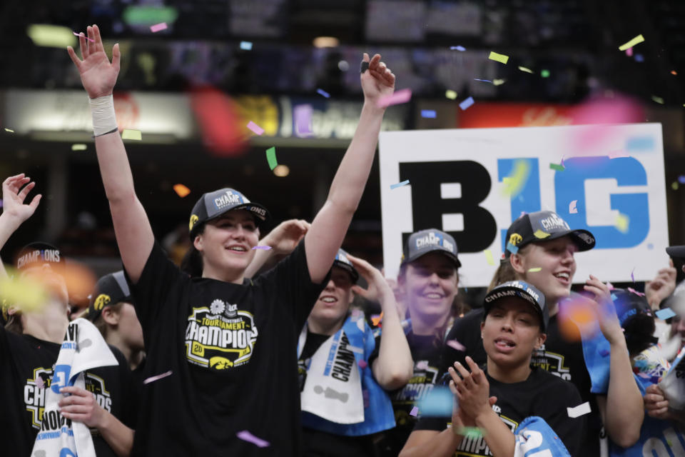 Iowa forward Megan Gustafson (10) celebrates following an NCAA college basketball championship game at the Big Ten Conference tournament against the Maryland in Indianapolis, Sunday, March 10, 2019. Iowa defeated Maryland 90-76. (AP Photo/Michael Conroy)