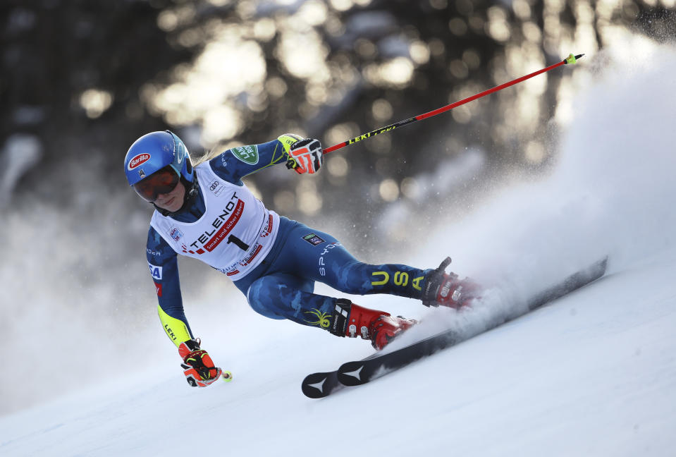 United States' Mikaela Shiffrin speeds down the course of an alpine ski, women's World Cup giant slalom, in Kranjska Gora, Slovenia, Sunday, Jan. 17, 2021. (AP Photo/Marco Trovati)