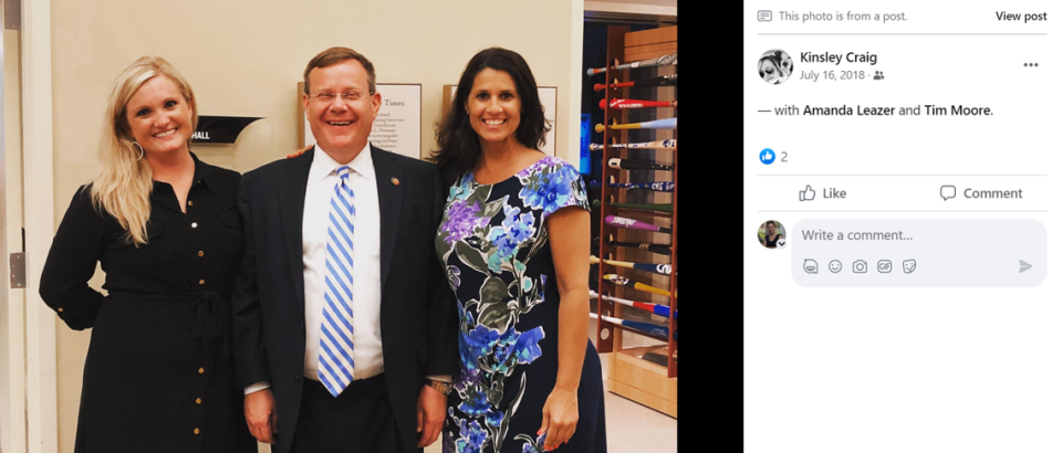 Cleveland County Trial Court Administrator Kinsley Craig, House Speaker Tim Moore and Forsyth County Trial Court Administrator Amanda Leazer pose together in Cleveland County in a screenshot taken from Craig’s Facebook page.