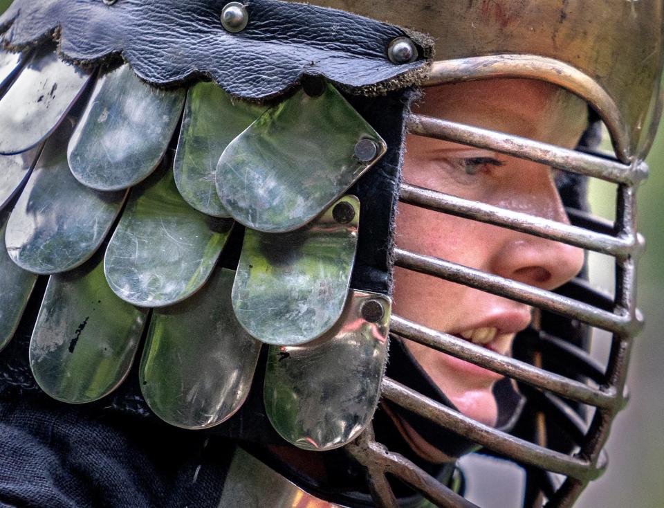 Members of Barony of Sternfeld do armored combat at Washington Township Park, Tuesday, Aug. 9, 2022 in Avon. The local chapter of the international Society of Creative Anachronism gathers for practice weekly when not off participating in activity around the country. 