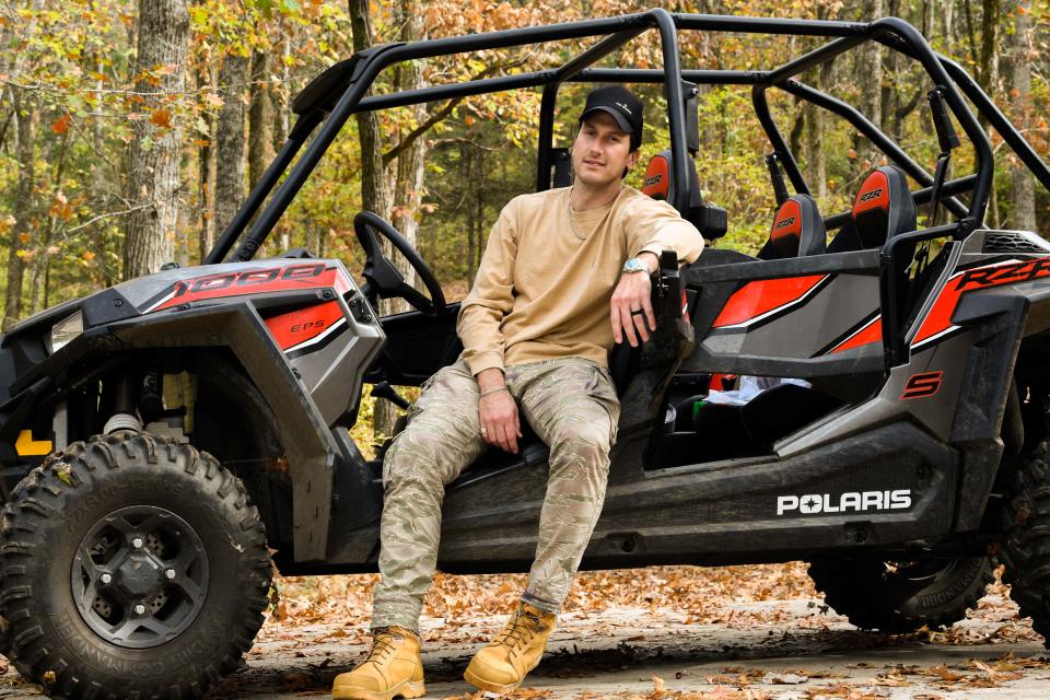 Portrait of Russell Dickerson with his off road vehicle by his home studio in Brentwood, Tenn., Tuesday, Nov. 1, 2022. Dickerson's new album 'Russell Dickerson' will be released on Nov. 4. 
