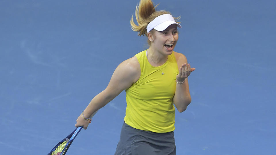 Daria Gavrilova celebrates after defeating Greet Minnen at the Billie Jean King Cup. (Photo by MICHAL CIZEK/AFP via Getty Images)