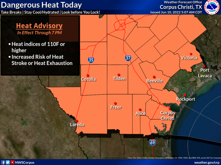A heat advisory was issued for much of South Texas as heat indices range from 110 to 114 degrees the afternoon of Friday, June 10, 2022.