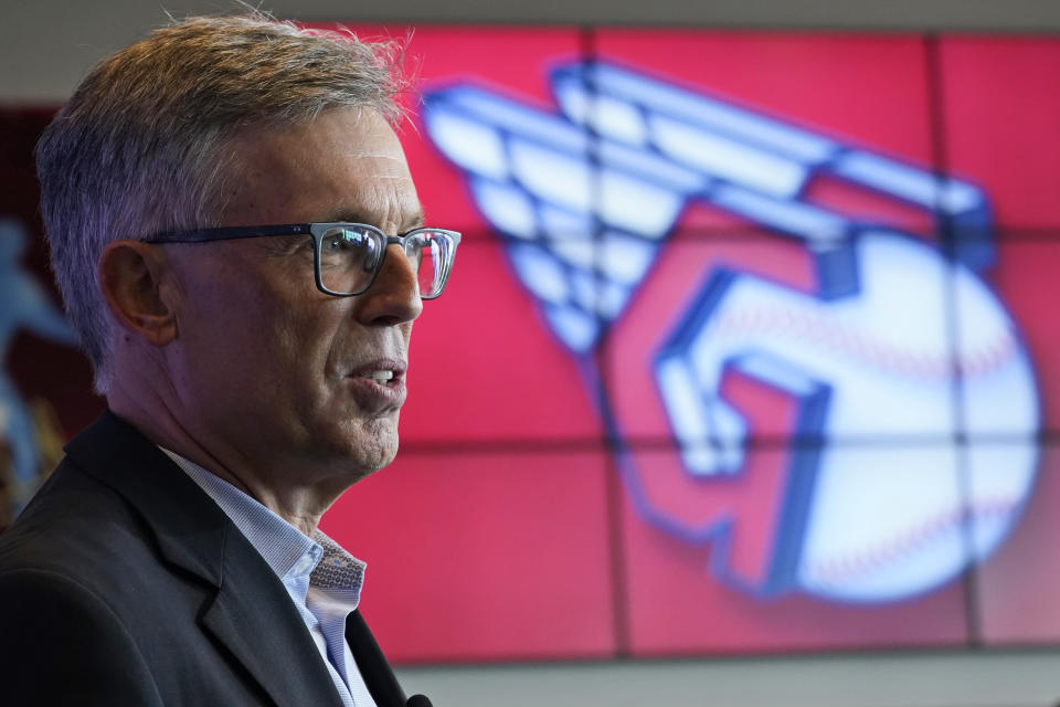 Cleveland Indians owner Paul Dolan speaks to the media as the new Indians logo is displayed, Friday, July 23, 2021, in Cleveland. Known as the Indians since 1915, Cleveland's Major League Baseball team will be called Guardians. The ballclub announced the name change Friday, effective at the end of the 2021 season. (AP Photo/Tony Dejak)