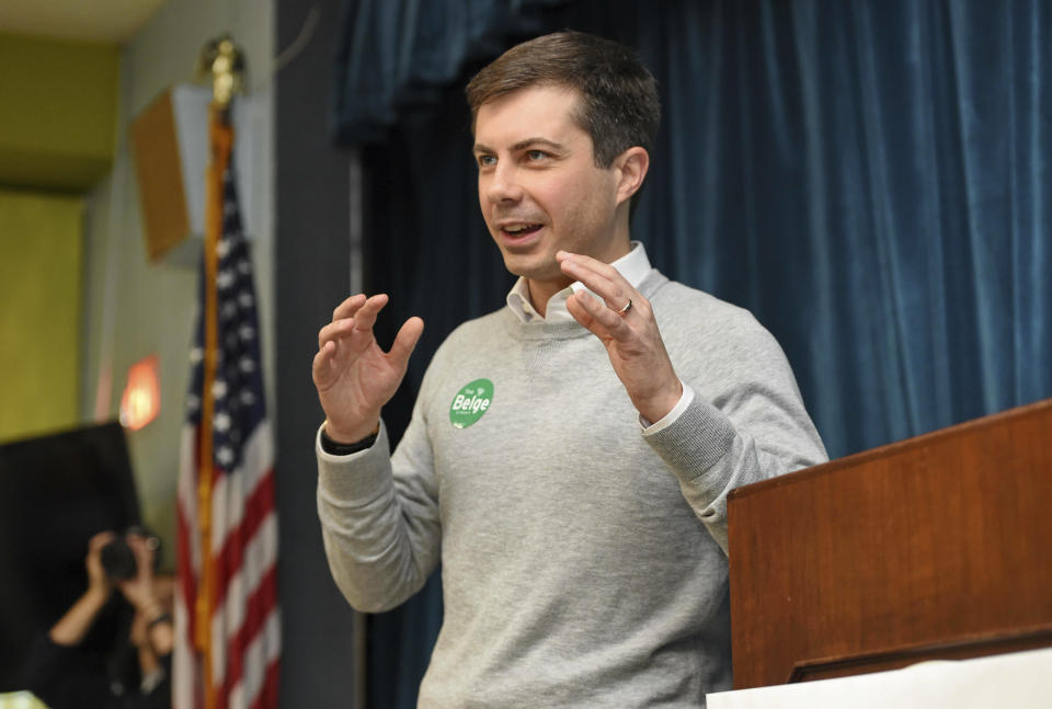 South Bend Mayor Pete Buttigieg speaks to a crowd about his Presidential run during the Democratic monthly breakfast held at the Circle of Friends Community Center in Greenville, S.C. Saturday, March 23, 2019. (AP Photo/Richard Shiro)