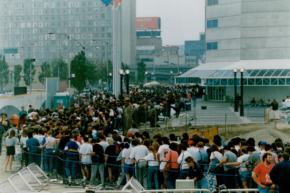 September 10, 1989: The Dome's Rolling Stones lineup was a sellout. Thousands of Stones fans inch their way to the box office to try for tickets for the fourth Stones concert at the SkyDome on Dec. 4. The box office didn't open until 9.30 a.m. but most fans had been in the line since late Friday night. (Photo by Doug Griffin/Toronto Star via Getty Images)