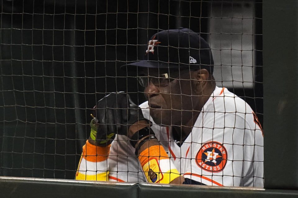 Houston Astros manager Dusty Baker Jr. watches during the ninth inning in Game 6 of baseball's World Series between the Houston Astros and the Atlanta Braves Tuesday, Nov. 2, 2021, in Houston. (AP Photo/Eric Gay)