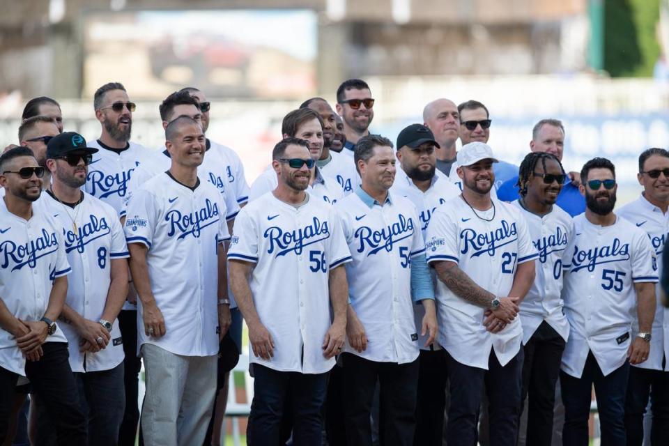 Former Kansas City Royals players, coaches and staff from the 2014 American League championship team were honored on the field at Kauffman Stadium during a pre-game ceremony on Friday, May 17, 2024.