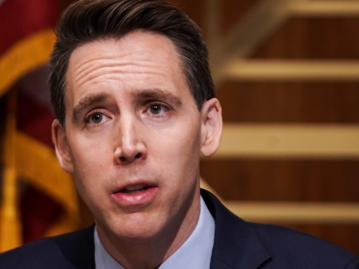 <p>Sen Josh Hawley asks questions during a Senate Homeland Security & Governmental Affairs Committee hearing to examine baseless claims of voter irregularities in the 2020 election</p> (EPA)