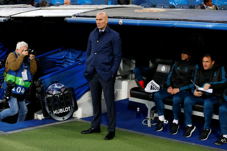 <p>Soccer Football – Champions League Quarter Final Second Leg – Real Madrid vs Juventus – Santiago Bernabeu, Madrid, Spain – April 11, 2018 Real Madrid coach Zinedine Zidane before the match REUTERS/Paul Hanna </p>