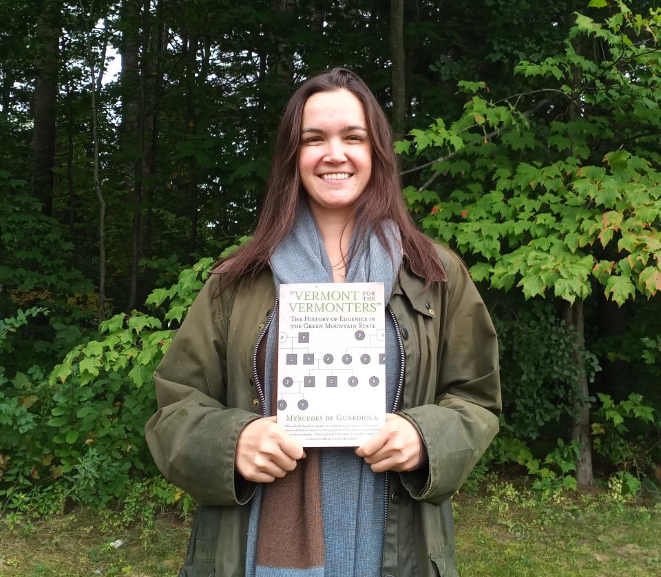 Historian Mercedes de Guardiola holds her new book "Vermont for the Vermonters: The History of Eugenics in the Green Mountain State." The cover depicts an example of a family pedigree chart, a pseudoscientific tool eugenicists utilized to determine the "degenerative" traits in a family's bloodline.