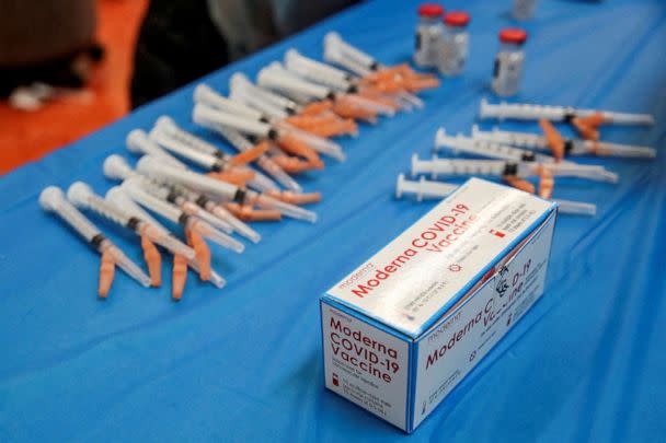 PHOTO: he Moderna COVID-19 vaccine sits on the table at Trinity United Church of Christ in Chicago, Feb. 13, 2021. (Kamil Krzaczynski/Reuters, FILE)
