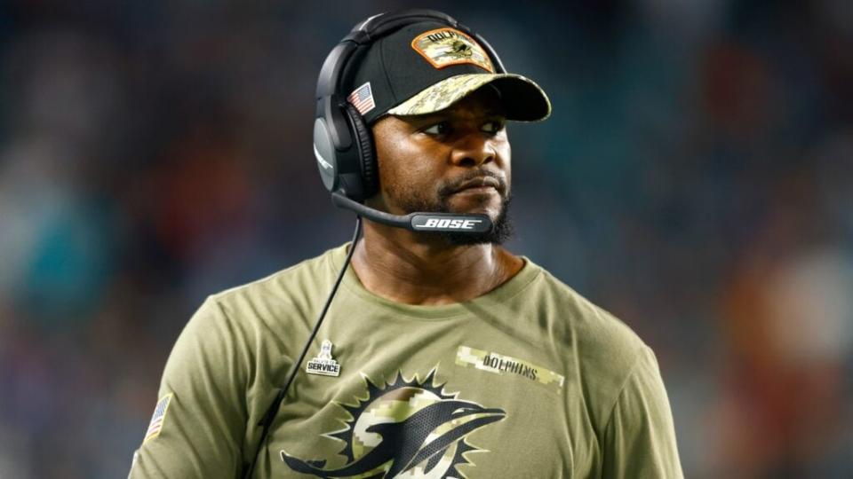 Brian Flores of the Miami Dolphins looks on against the Baltimore Ravens during the second quarter in the game at Hard Rock Stadium on November 11, 2021 in Miami Gardens, Florida. (Photo by Michael Reaves/Getty Images)