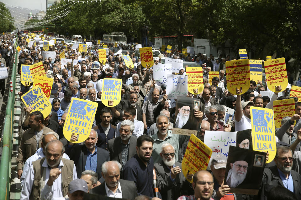 Worshippers chant slogans against the United States and Israel during a rally after Friday prayers in Tehran, Iran, Friday, May 10, 2019. A top commander in Iran's powerful Revolutionary Guard said Friday that Tehran will not talk with the United States, an Iranian news agency reported — a day after President Donald Trump said he'd like Iranian leaders to "call me." (AP Photo/Ebrahim Noroozi)