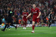 <p>À la 36e minute, Liverpool mène 2-0 grâce à des buts de Sturridge et de Milner. De quoi faire plaisir à James Milner, qui fête sa réalisation. (crédit Getty) </p>