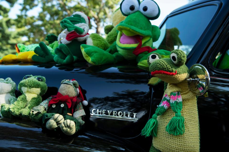 Stuffed frogs are displayed on a car during the 2022 Frog Follies at the Vanderburgh County 4-H Center.