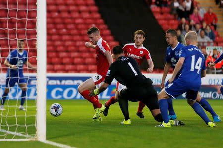 Football - Barnsley v Everton - Capital One Cup Second Round - Oakwell - 26/8/15 Marley Watkins scores the second goal for Barnsley Mandatory Credit: Action Images / Lee Smith Livepic