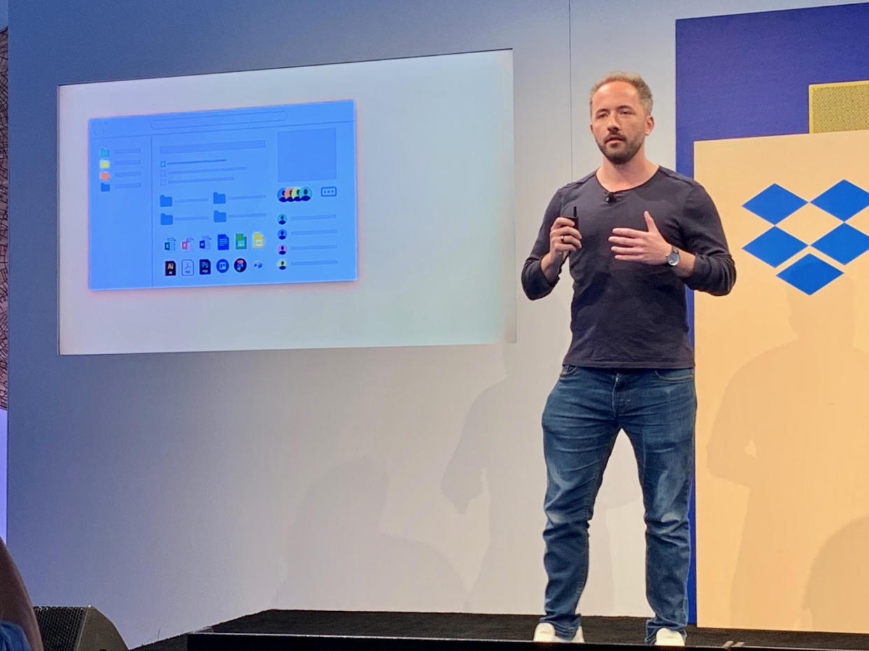 Dropbox CEO Drew Houston at a company event in San Francisco on Tuesday. Source: JP Mangalindan/Yahoo Finance