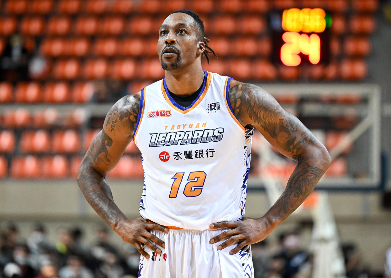 TAIPEI, TAIWAN - FEBRUARY 19: Center Dwight Howard #12 of the Taoyuan Leopards reacts at the court during the T1 League game between TaiwanBeer HeroBears and Taoyuan Leopards at University of Taipei Tianmu Gymnasium on February 19, 2023 in Taipei, Taiwan. (Photo by Gene Wang/Getty Images)