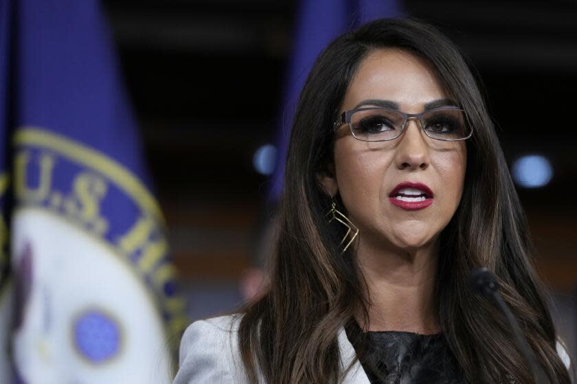 FILE - U.S. Rep. Lauren Boebert, R-Colo., a member of the House Freedom Caucus, speaks during a news conference on Capitol Hill, July 14, 2023, in Washington. Boebert was kicked out of a "Beetlejuice" show in Denver on Sunday, Sept. 10, according to security footage. (AP Photo/Patrick Semansky, File)