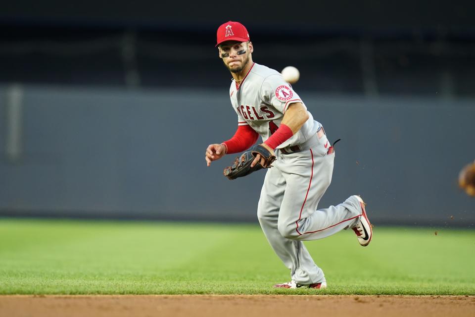 Los Angeles Angels shortstop Andrew Velazquez chases a ball hit by New York Yankees' Gleyber Torres during the third inning of a baseball game Tuesday, May 31, 2022, in New York. (AP Photo/Frank Franklin II)