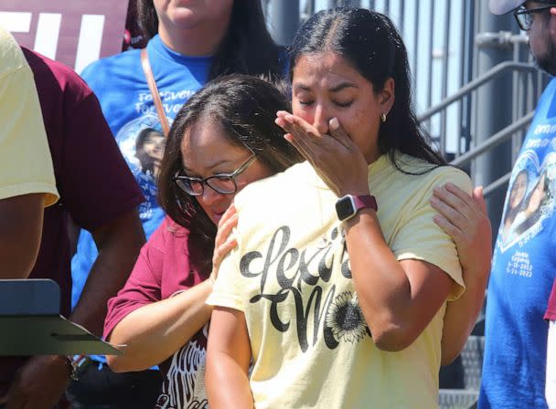 PHOTO: Kimberly Rubio, mother of Robb Elementary slain student Alexandria Aniyah Rubio, is comforted after speaking as Texas gubernatorial candidate Beto O'Rourke  holds a press conference, Sept. 30, 2022, in Edinburg, Texas. (Joel Martinez/The Monitor via AP)