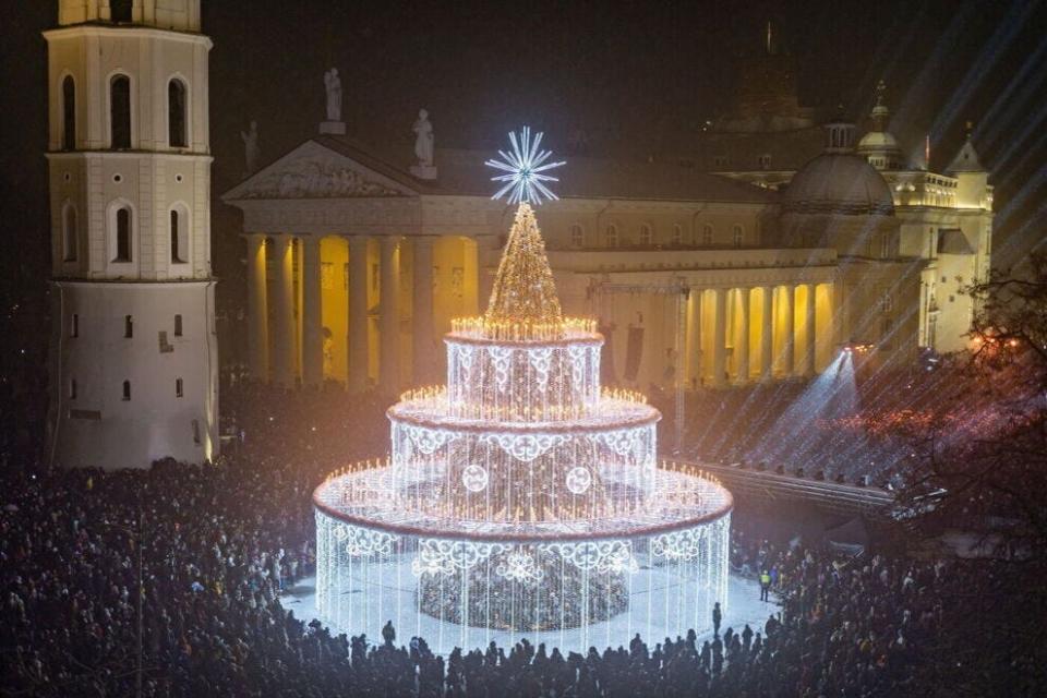 The 2022 Christmas tree installation was shaped like a cake in anticipation of Vilnius' 700th birthday