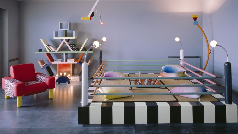 Lagerfeld's residence in the La Rocabella apartment block in Monte Carlo was filled with whimsical, geometric furniture designed by the Memphis Group — including a boxing ring-inspired piece for entertaining. - Jacques Schumacher/Courtesy Thames & Hudson