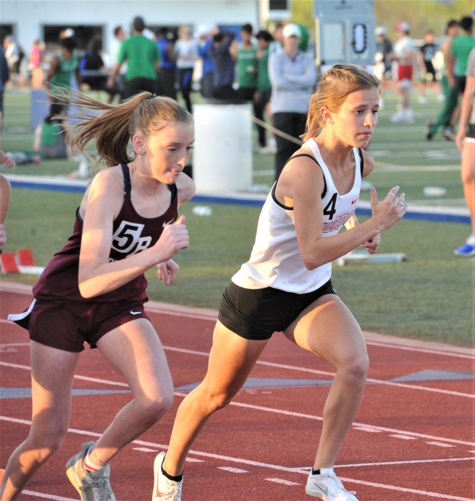 Holliday's Hannah Spears (4) begins the 1600 meter run during the District 7-3A Track Meet in City View on Thursday, April 14, 2022.